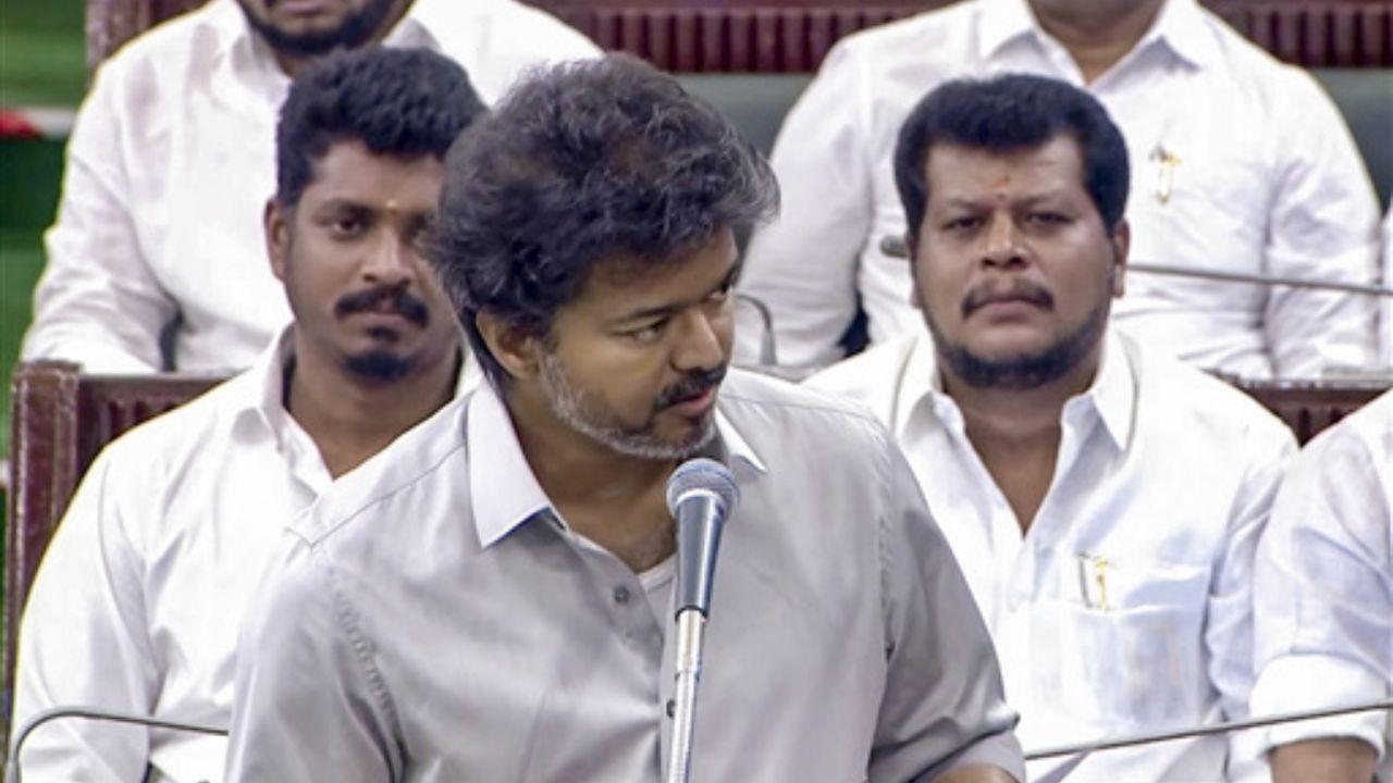 Tamil Nadu Chief Minister C Joseph Vijay speaks during the state Assembly session, in Chennai. Pic/PTI